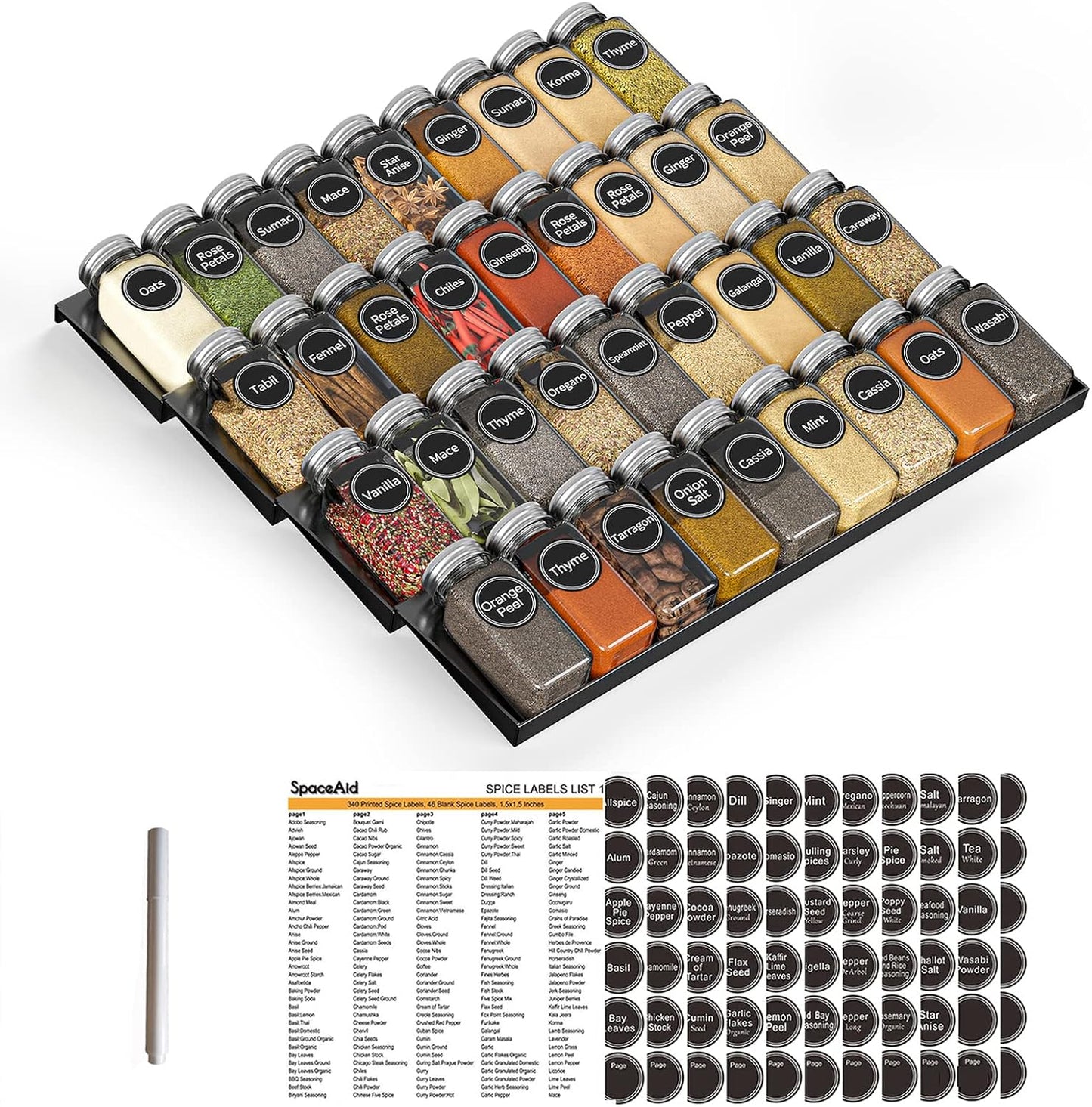 SpaceAid Spice Drawer Organizer with 28 Spice Jars, 386 Spice Labels, 4 Tier Seasoning Rack Tray Insert for Kitchen Drawers, 13" Wide x 17.5" Deep