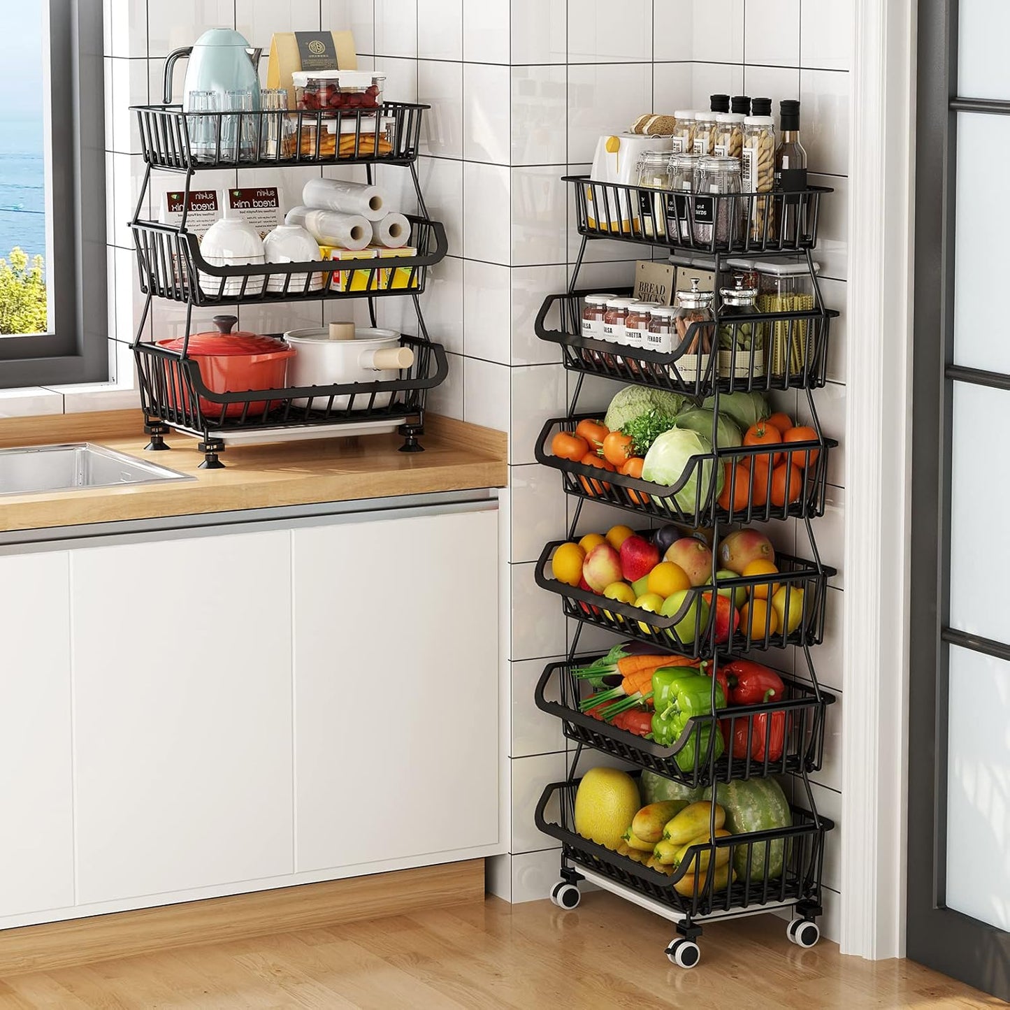 Metal Wire Baskets with Wheels, Stackable Storage Bins Kitchen Organizer Shelf, Multi Layer Fruit Vegetable Cart Dishes Seasonal Rack Freestanding with Pull Out Slide Drawer