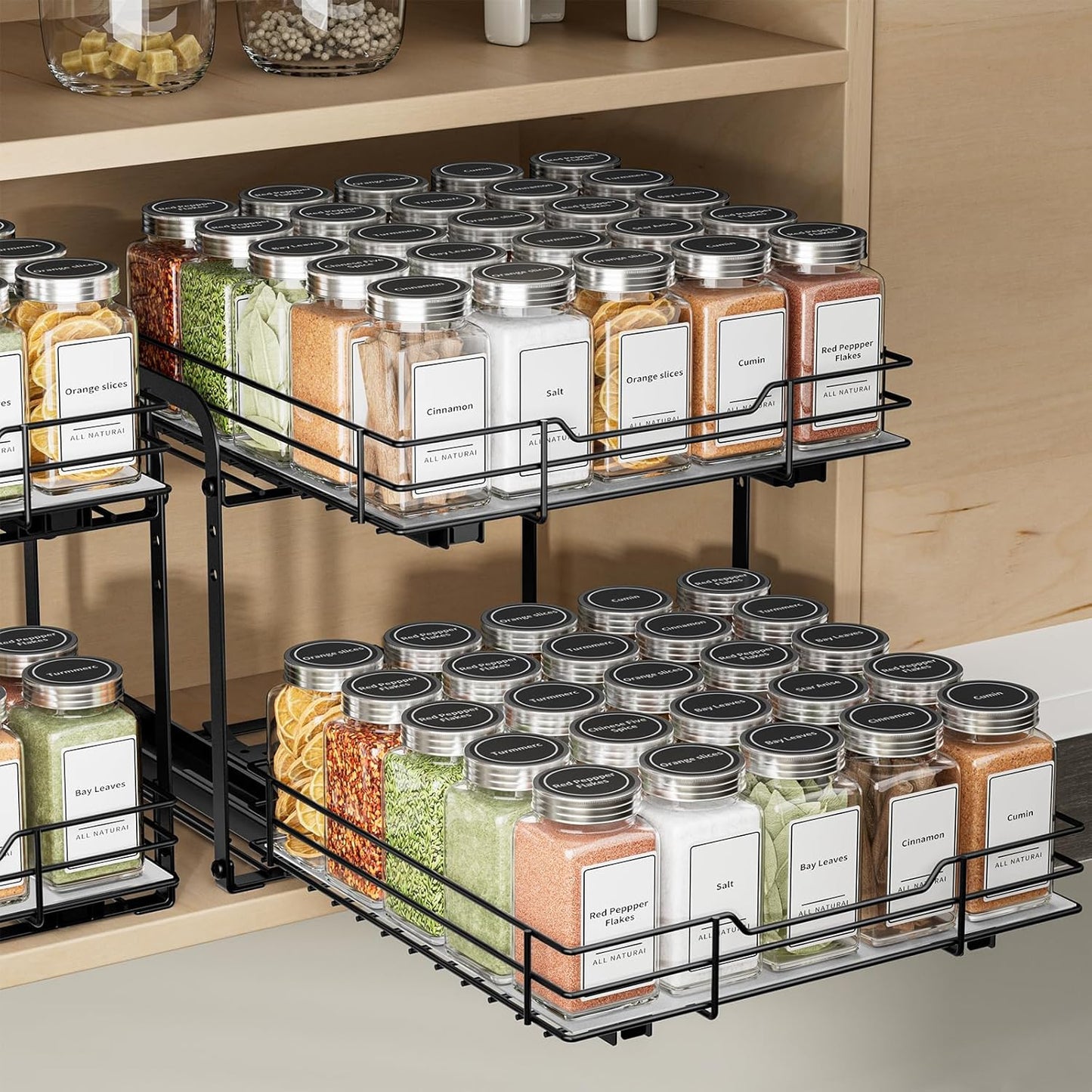 Spice Rack Organizer for Cabinet, 2 Tier Pull Out Spice Organizer for Cabinet Height Adjustable Heavy Duty Metal Basket for Inside Cabinets & Pantry Closet