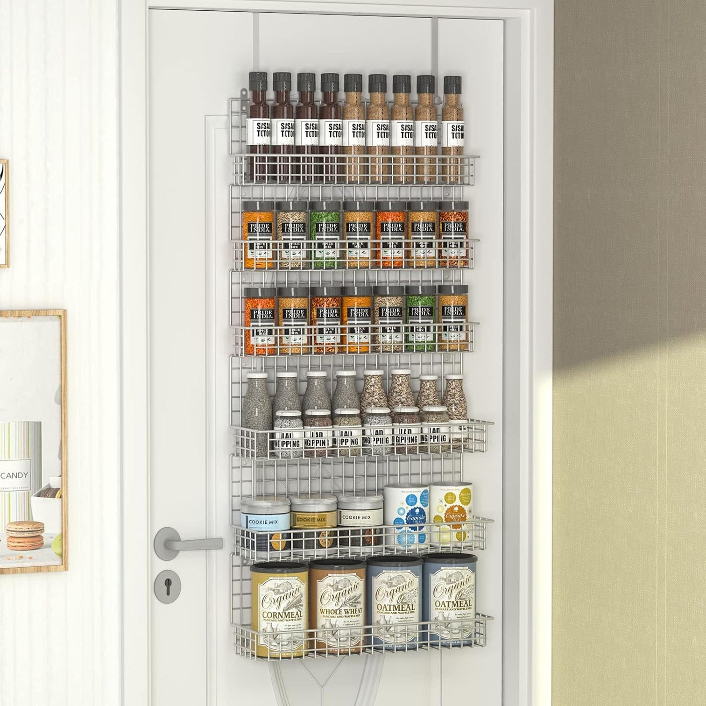 JKsmart 6-Tier Spice Rack Organizer with Door Hook, Wall Mounted & Over the Door Spice Racks for Kitchen Pantry Door Cabinet, Two Size, Large Capacity, Black