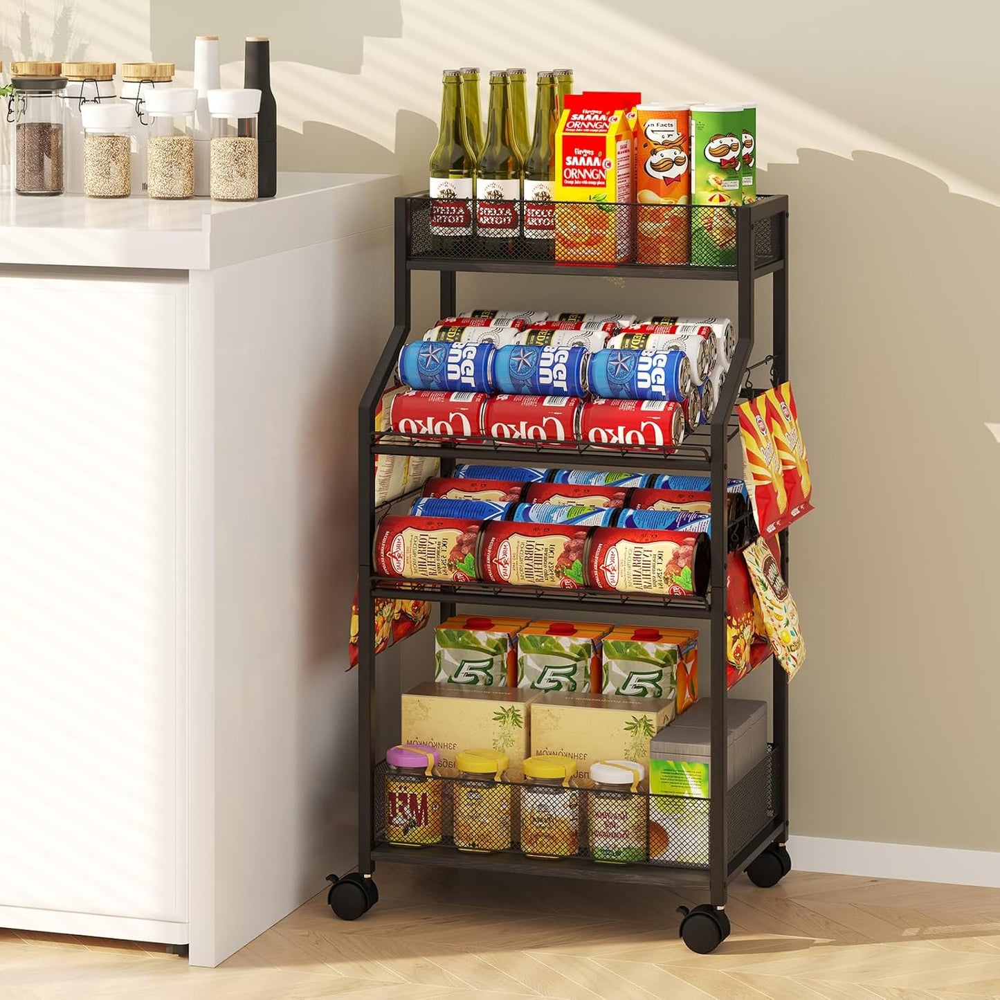 Can Organizer for Pantry - Rolling Snack Cart, Multi-Layer Soda Can Organizer for Pantry, Mobile Beverage Storage Rack with Wheels, Versatile Metal Shelf for Kitchen and Office, Black Brown