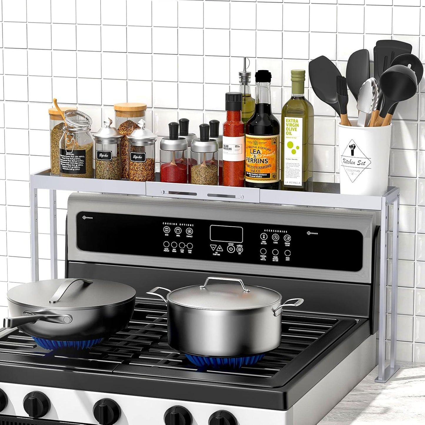 Spice Rack Shelf for Kitchen Stove, Adjustable 27 to 33 Inch Spice Rack Organizer, 4 Level Adjustable Height Stove Top Shelf for Kitchen, Over the Stove Shelf for Curved Stove, Black