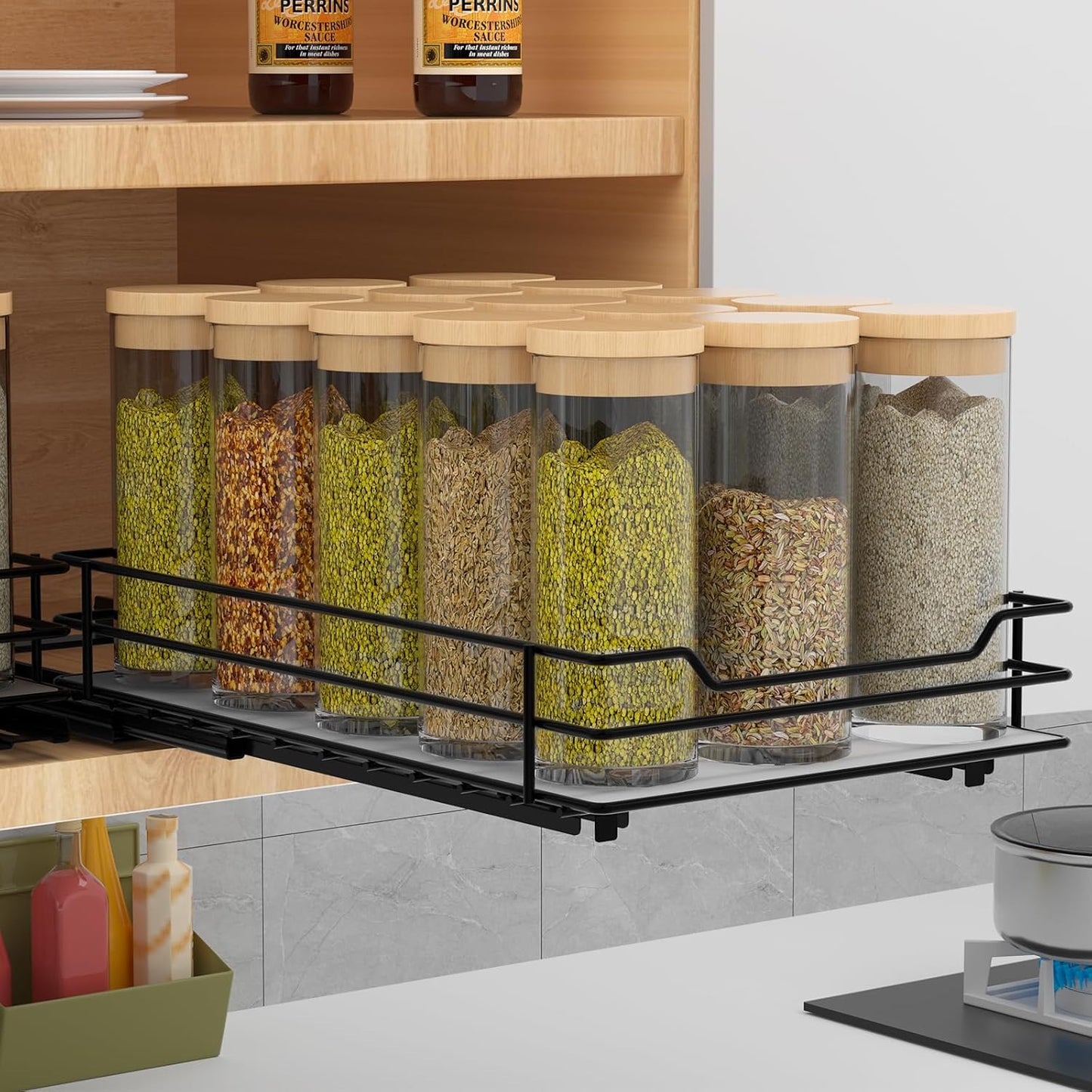 Spice Rack Organizer for Cabinet, 2 Tier Pull Out Spice Organizer for Cabinet Height Adjustable Heavy Duty Metal Basket for Inside Cabinets & Pantry Closet