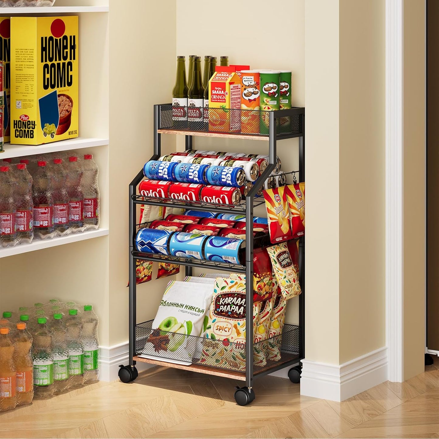 Can Organizer for Pantry - Rolling Snack Cart, Multi-Layer Soda Can Organizer for Pantry, Mobile Beverage Storage Rack with Wheels, Versatile Metal Shelf for Kitchen and Office, Black Brown