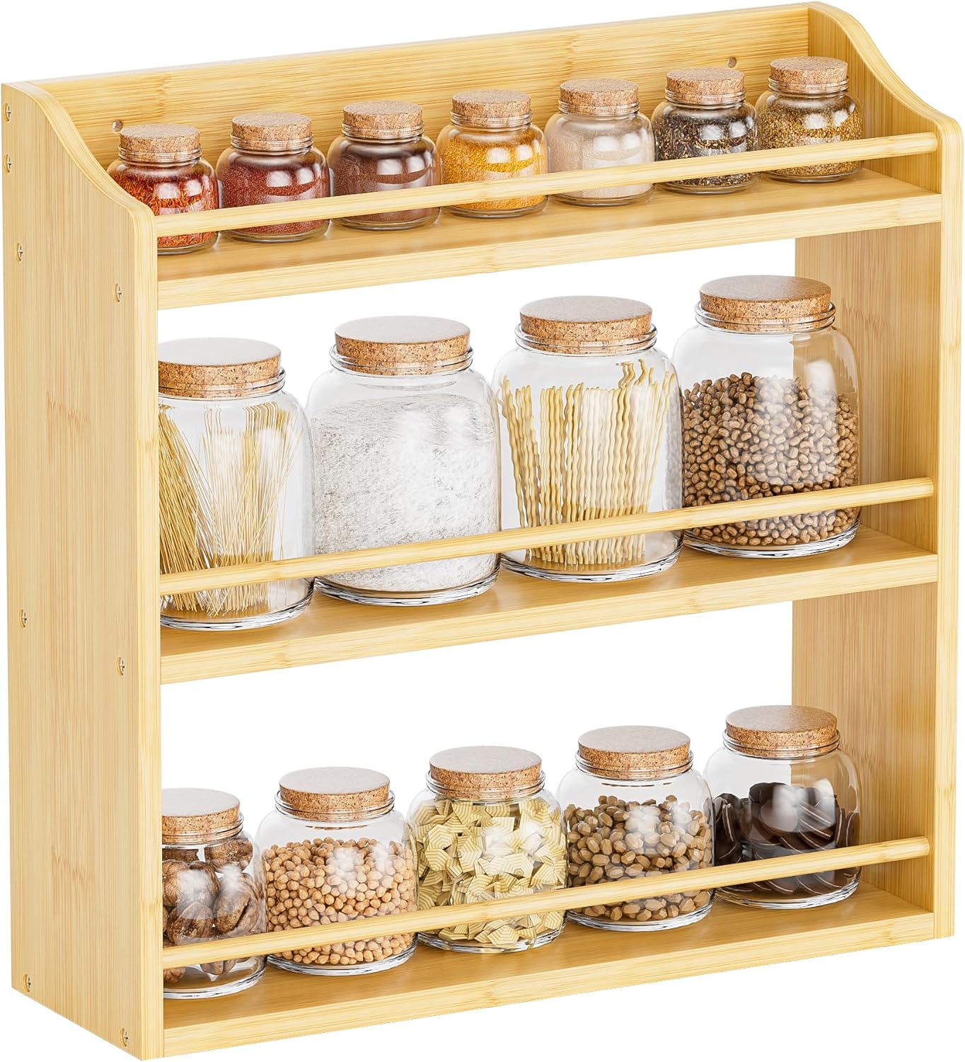 Spice Rack Wall Mounted, Freestanding Spice Organizer for Countertop, Bamboo Spice Storage Holder, for Kitchen Cupboard, Pantry, Bathroom (White)