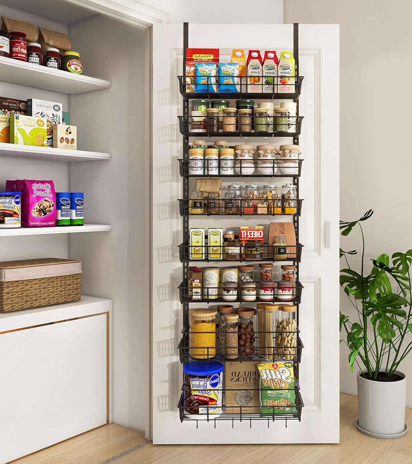 Over The Door Pantry Organizer, Pantry Storage and Organization, 6-Tier Adjustable Hanging Baskets, Metal Wall Mount Spice Rack Seasoning Shelves for Home & Kitchen, Laundry Bathroom - Black