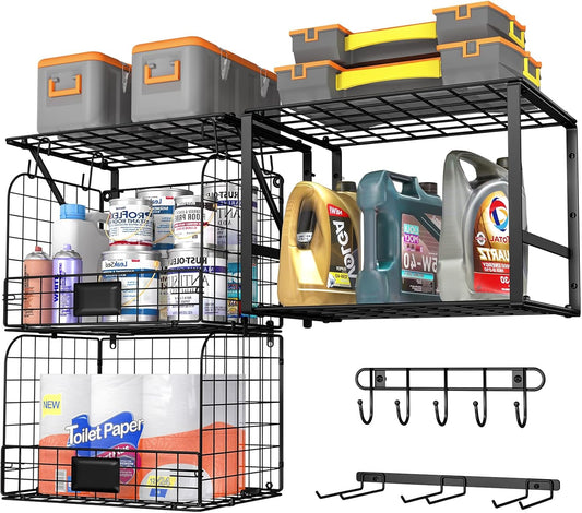 Garage Shelf Wall Mounted with Wire baskets, Heavy Duty Garage Wall Shelving with Garden Tool Rack and Hooks, Wire Shelf Baskets Tool Organizer for Home Garden Yard Organization and Storage