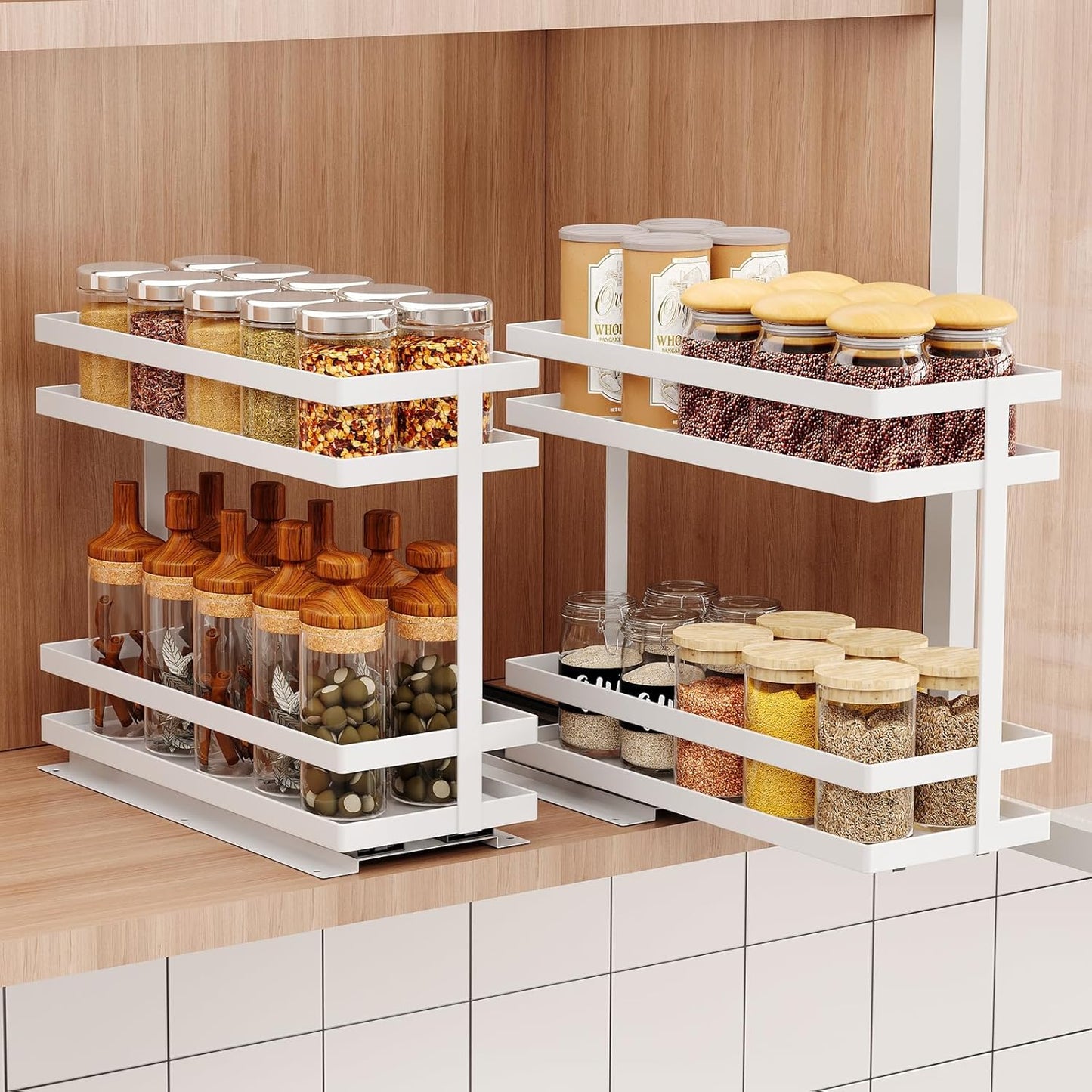 2 Pack Pull Out Spice Rack Organizer for Cabinet, 2 Tier Metal Slide Out Seasoning Organizer and Storage Heavy Duty Vertical Spice Rack Shelf Pullout for Kitchen Cabinets No Drilling (Black)