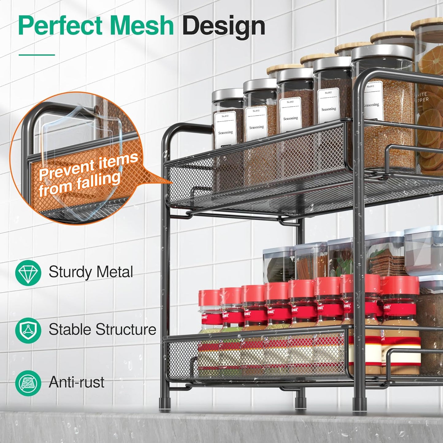 Spice Rack Organizer for Countertop,Xpatee 2-Tier Foldable Metal Rust-Proof Standing Large Seasoning Storage Shelf with Guardrail and Mesh Design for Kitchen Cabinet Bathroom Living Room Pantry, Black