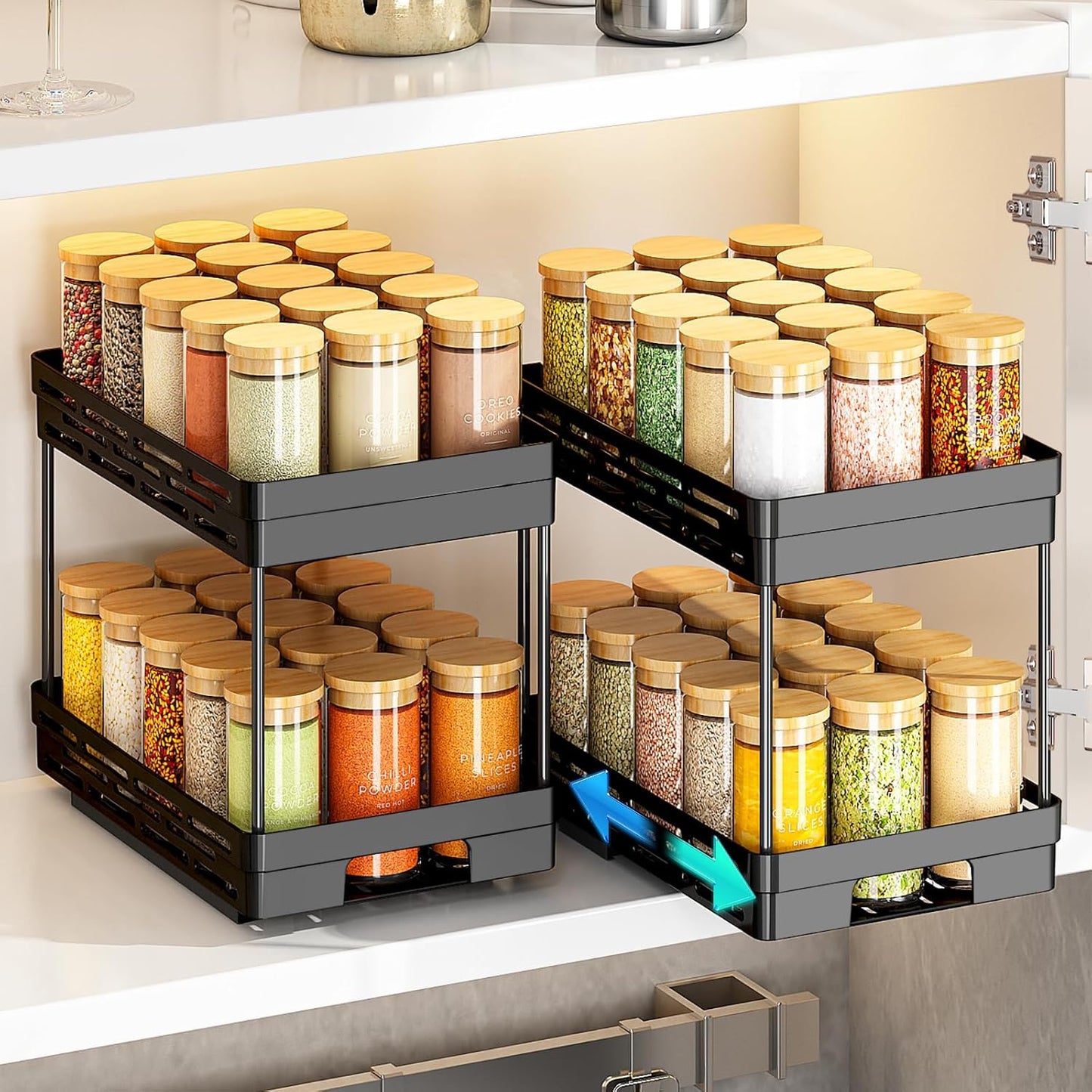 2 Pack Pull Out Spice Rack Organizer for Cabinet, Slide Out Spice Racks Organizer, Spice Cabinet Organizers, Cabinet Size Need:12'' Highx11'' Deepx5'' Wide,Hold 10 Spice Jar Each Tier-2Tier, Black