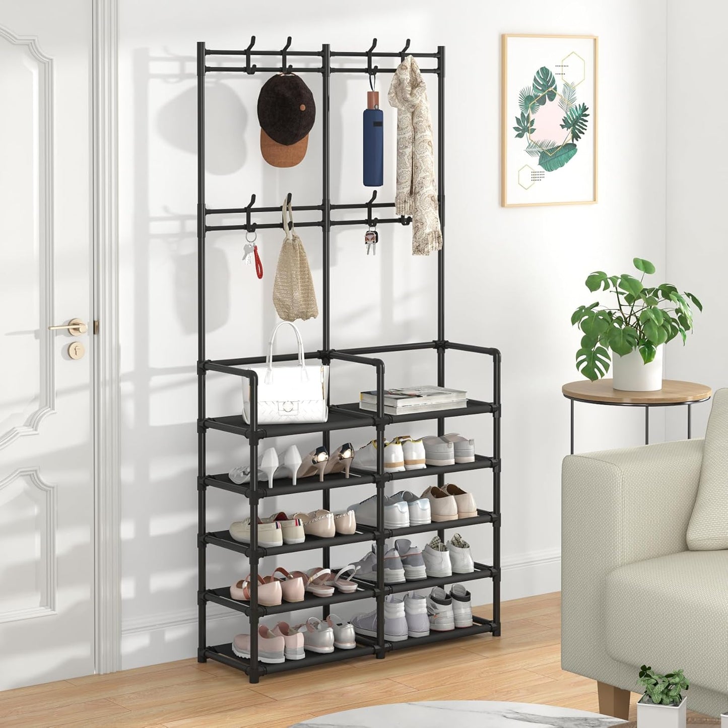 Laiensia 5-Tier Entryway Coat Rack, Coat and Shoe Rack, Entryway Bench Storage Organizer with 8 Hooks for Bedroom, Hallway, Office, Black