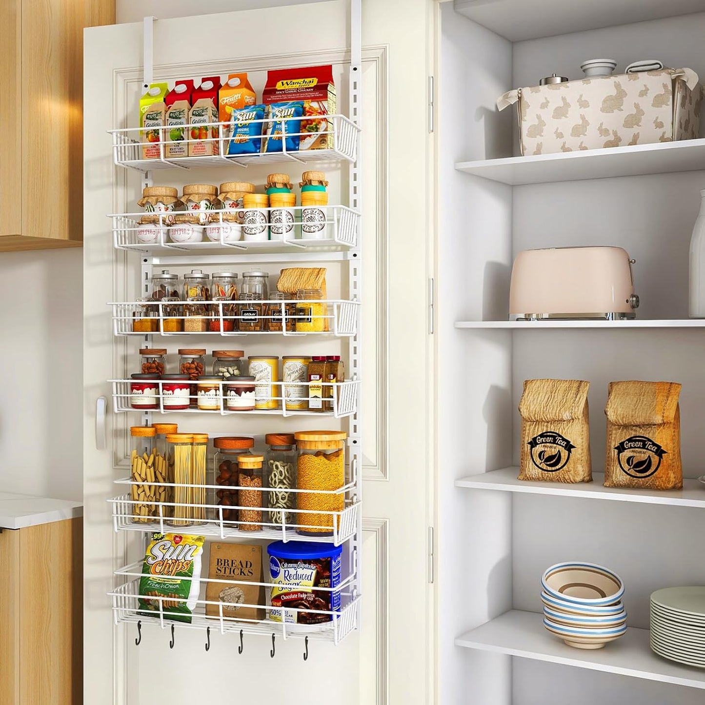 Over The Door Pantry Organizer, Pantry Storage and Organization, 6-Tier Adjustable Hanging Baskets, Metal Wall Mount Spice Rack Seasoning Shelves for Home & Kitchen, Laundry Bathroom - Black