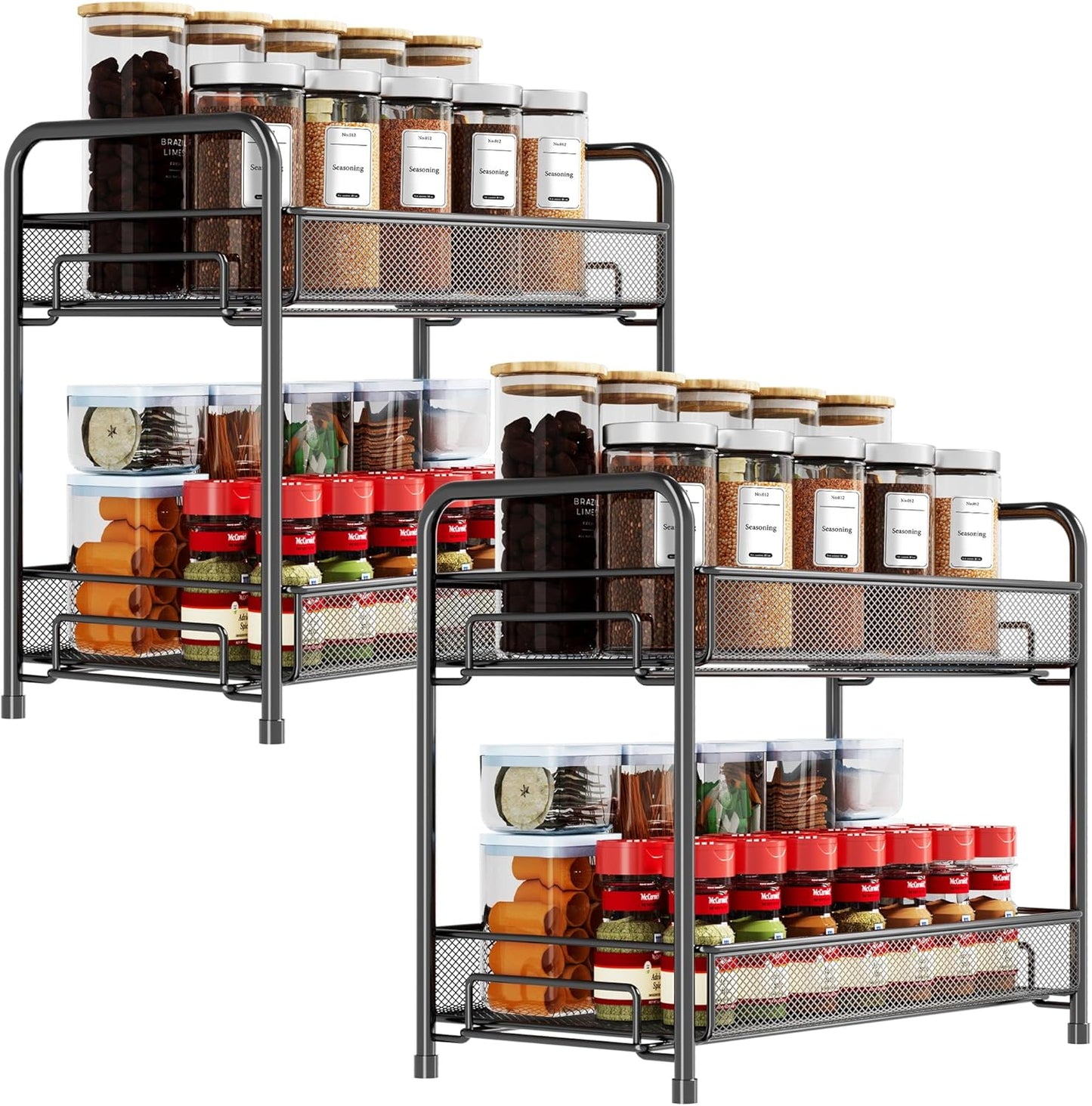 Spice Rack Organizer for Countertop,Xpatee 2-Tier Foldable Metal Rust-Proof Standing Large Seasoning Storage Shelf with Guardrail and Mesh Design for Kitchen Cabinet Bathroom Living Room Pantry, Black
