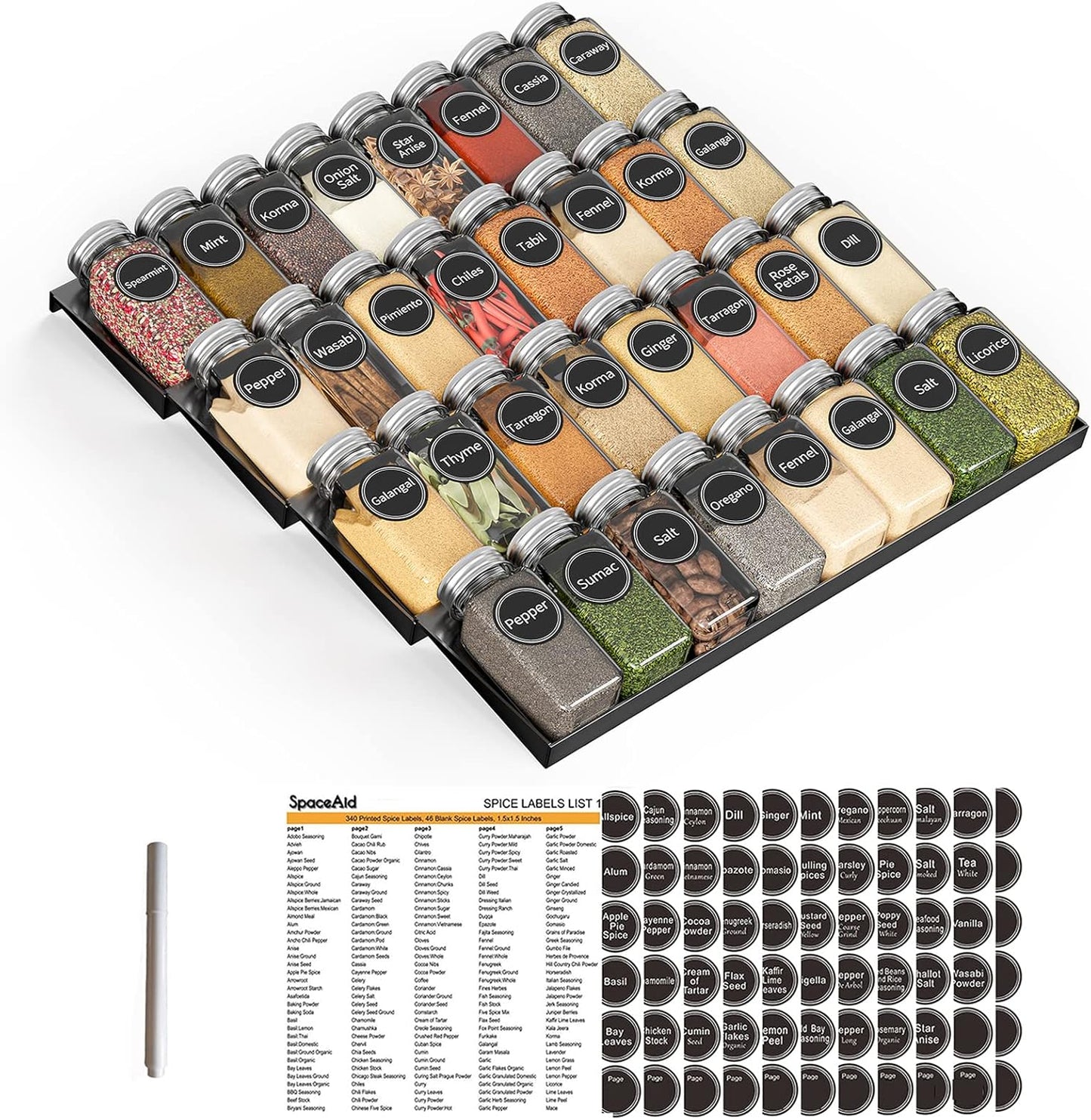 SpaceAid Spice Drawer Organizer with 28 Spice Jars, 386 Spice Labels, 4 Tier Seasoning Rack Tray Insert for Kitchen Drawers, 13" Wide x 17.5" Deep