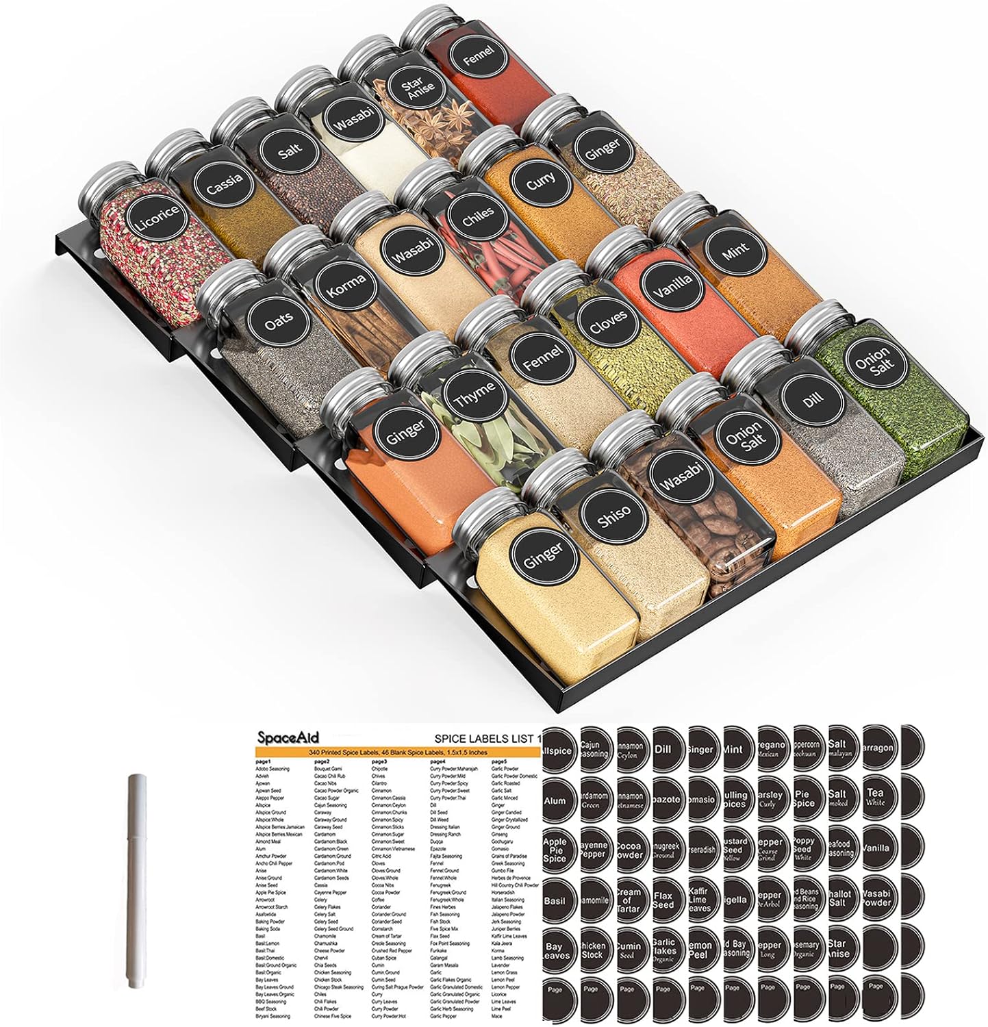 SpaceAid Spice Drawer Organizer with 28 Spice Jars, 386 Spice Labels, 4 Tier Seasoning Rack Tray Insert for Kitchen Drawers, 13" Wide x 17.5" Deep