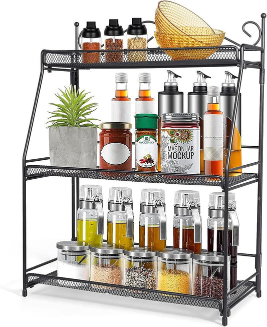 Uten Standing Spice Rack 3 Tier Metal Foldable and Durable Kitchen Rack for Countertop Kitchen Bathroom, Shelf Organizer, Standing Stainless Steel Tiered Shelf