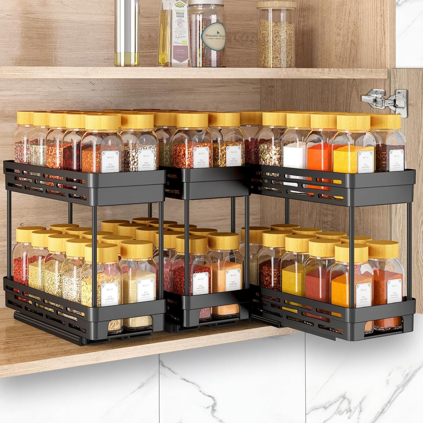 2 Pack Pull Out Spice Rack Organizer for Cabinet, Slide Out Spice Racks Organizer, Spice Cabinet Organizers, Cabinet Size Need:12'' Highx11'' Deepx5'' Wide,Hold 10 Spice Jar Each Tier-2Tier, Black