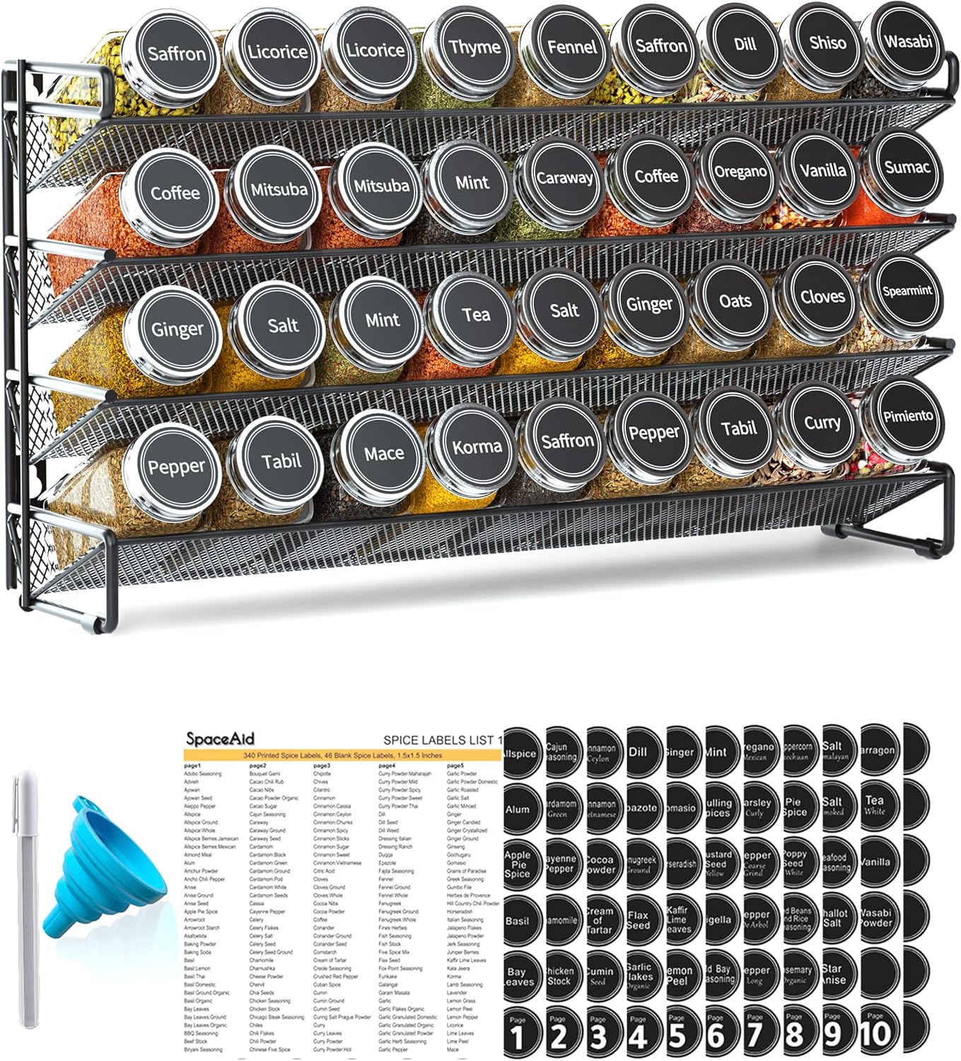 SpaceAid Spice Rack Organizer with 28 Spice Jars, 386 Spice Labels, Chalk Marker and Funnel Set for Cabinet, Countertop, Pantry, Cupboard or Door & Wall Mount - 28 Jars, 13.4" W × 10.8" H, Black