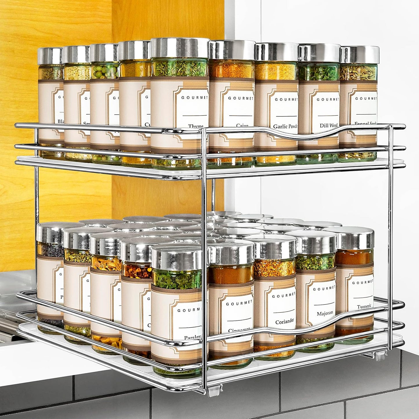 LYNK PROFESSIONAL® Pull Out Spice Rack Organizer for Inside Kitchen Cabinets - 4-1/4 inch Wide - Slide Out Drawer – Chrome Sliding Spice Cabinet Organization Shelf Racks - 2 Tier