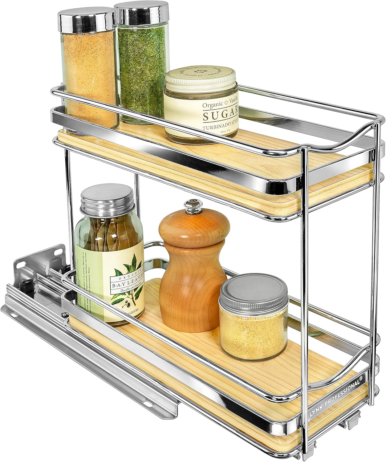 LYNK PROFESSIONAL® Pull Out Spice Rack Organizer for Inside Kitchen Cabinets - 4-1/4 inch Wide - Slide Out Drawer – Chrome Sliding Spice Cabinet Organization Shelf Racks - 2 Tier