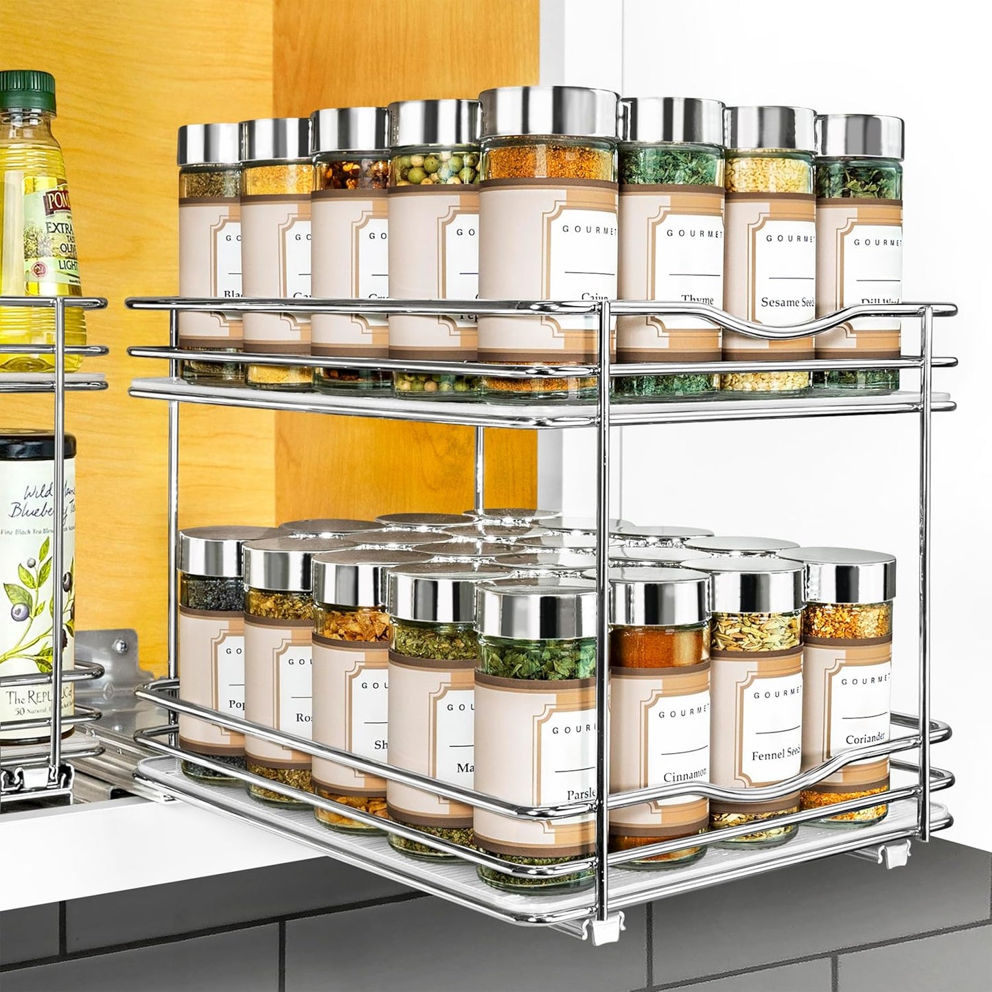LYNK PROFESSIONAL® Pull Out Spice Rack Organizer for Inside Kitchen Cabinets - 4-1/4 inch Wide - Slide Out Drawer – Chrome Sliding Spice Cabinet Organization Shelf Racks - 2 Tier