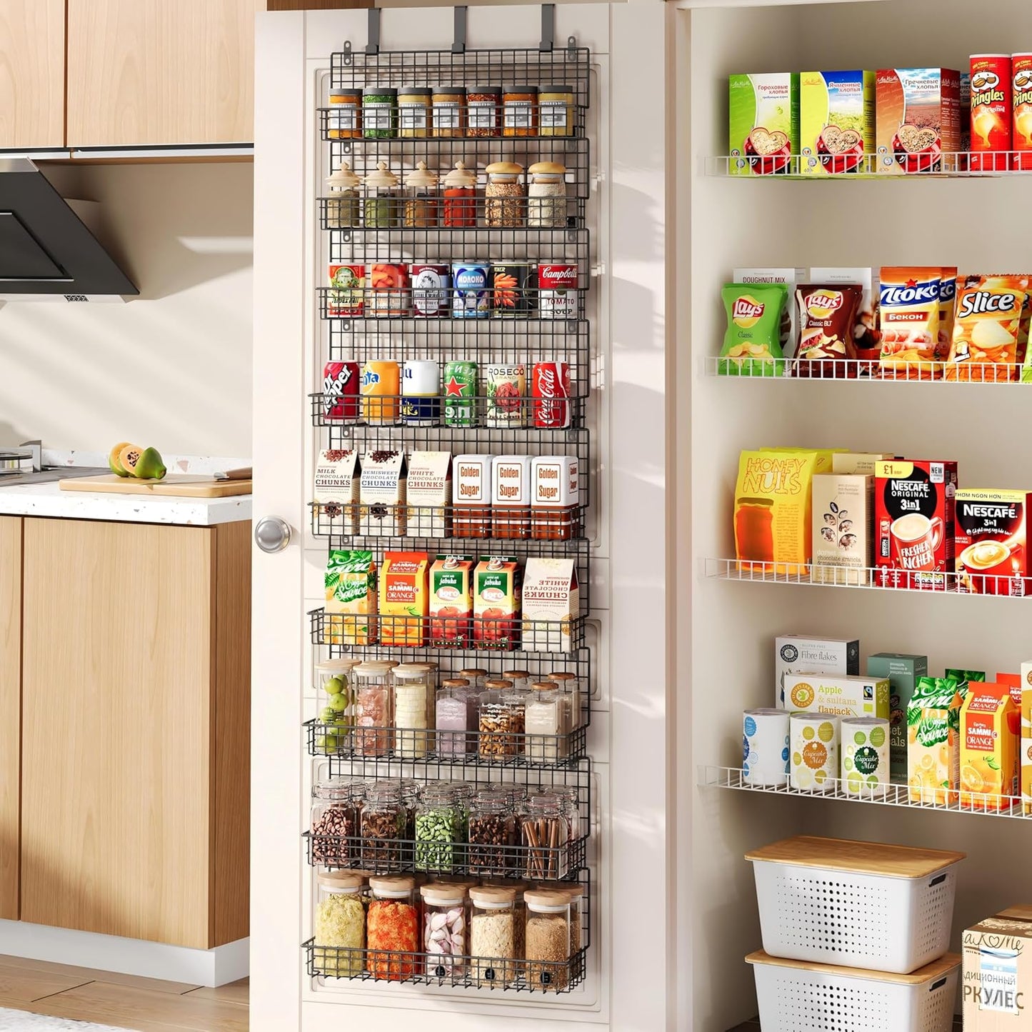 JKsmart 6-Tier Spice Rack Organizer with Door Hook, Wall Mounted & Over the Door Spice Racks for Kitchen Pantry Door Cabinet, Two Size, Large Capacity, Black