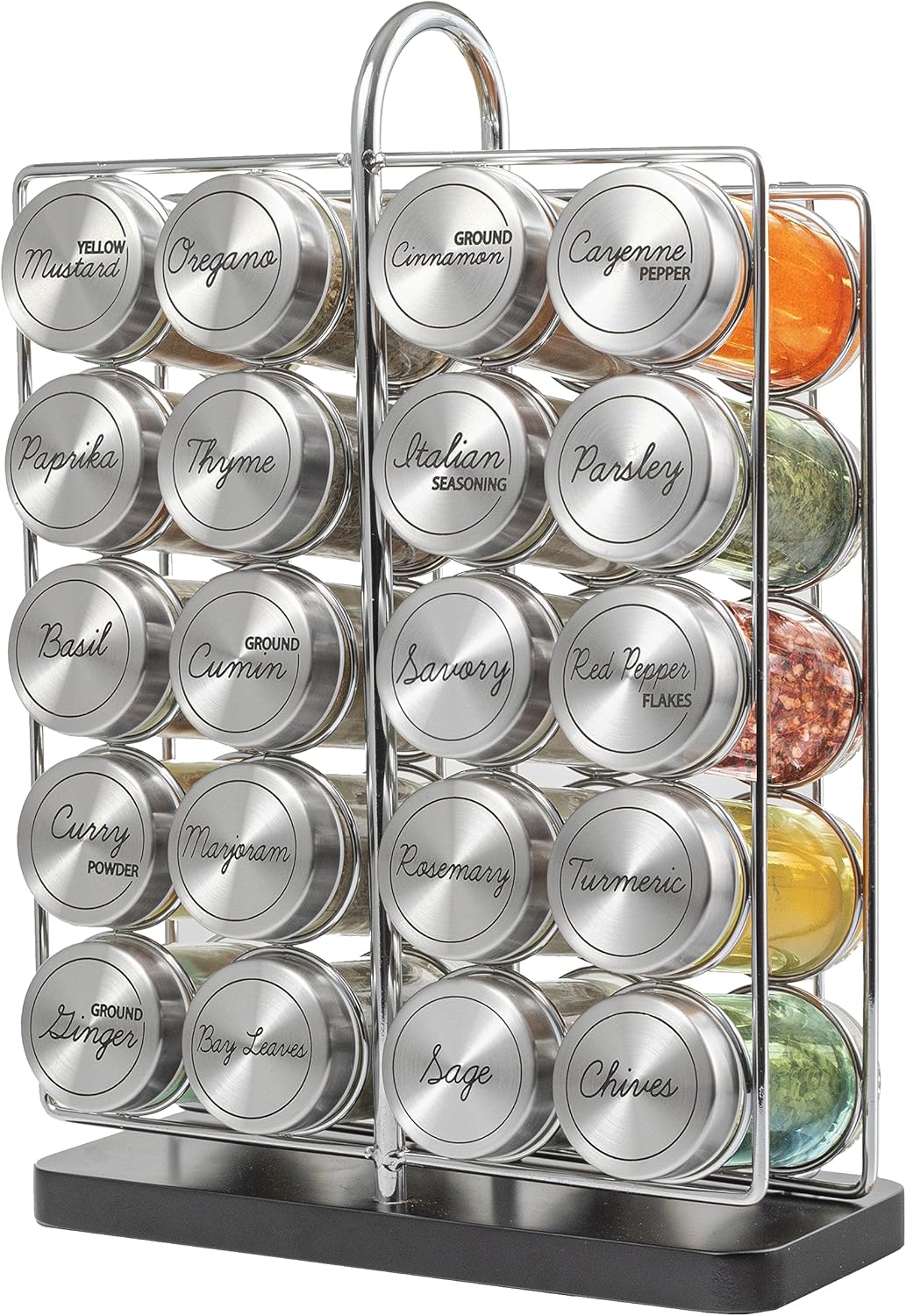 Orii 20 Jar Spice Rack with Spices Included - Tower Organizer for Kitchen Spices and Seasonings, (Silver Black)