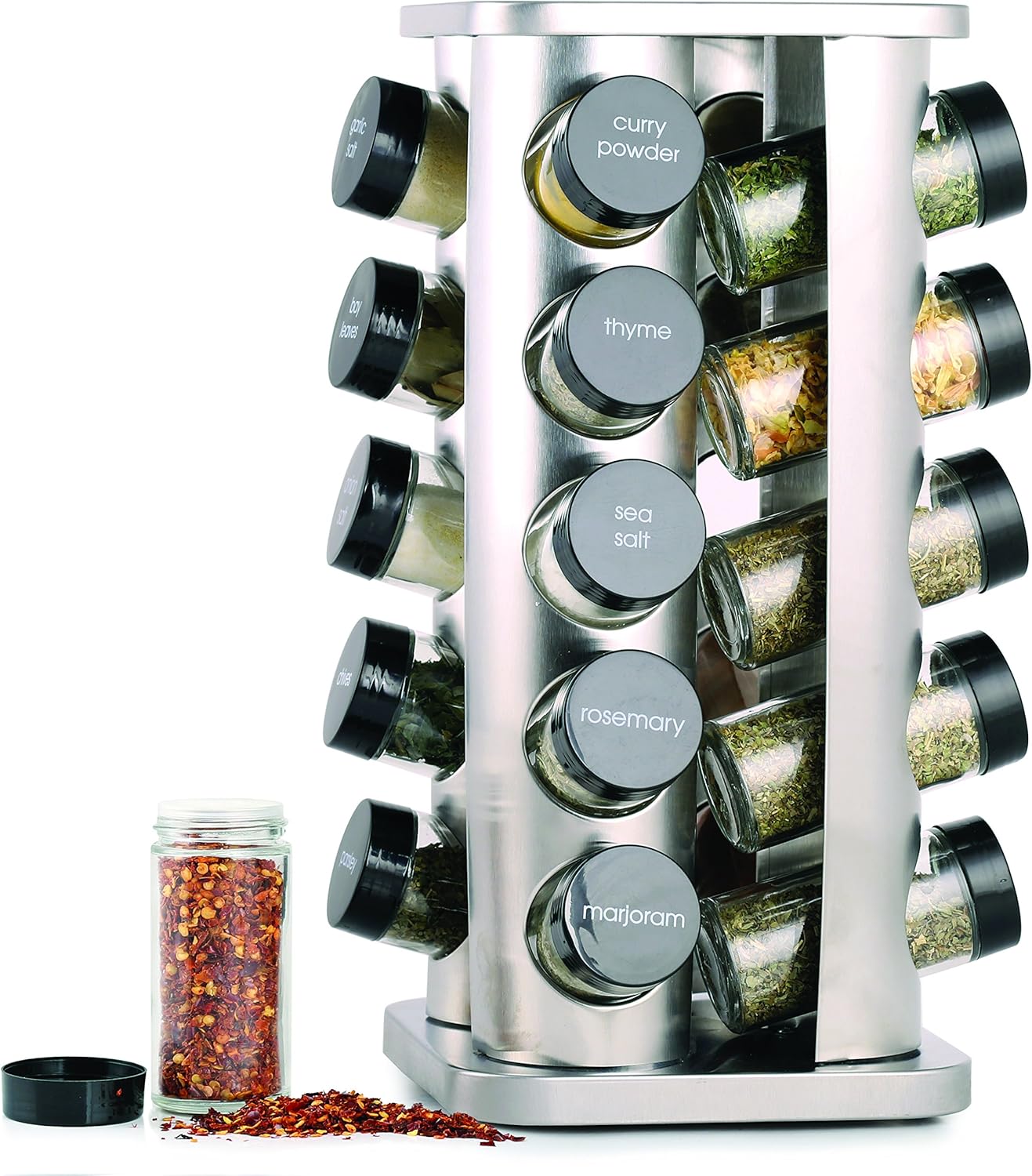 Orii 20 Jar Spice Rack with Spices Included - Tower Organizer for Kitchen Spices and Seasonings, (Silver Black)