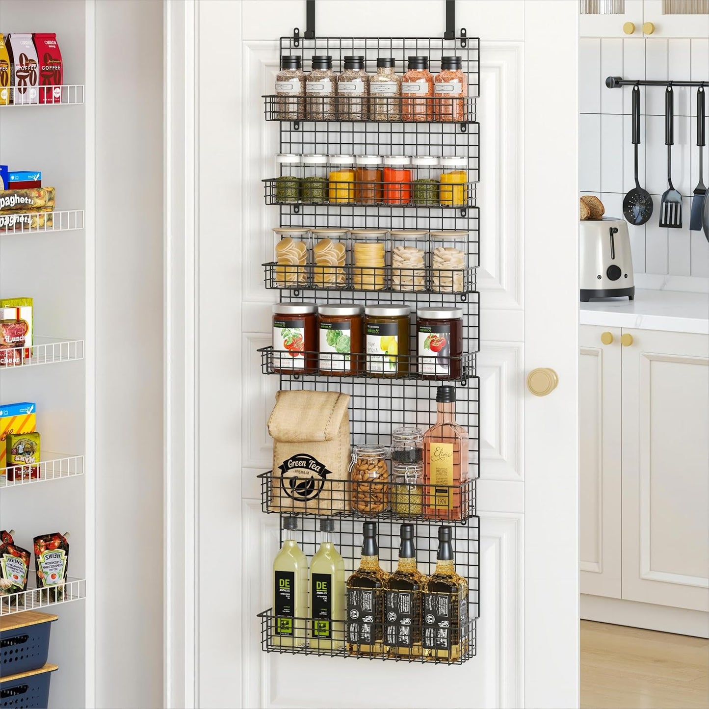 JKsmart 6-Tier Spice Rack Organizer with Door Hook, Wall Mounted & Over the Door Spice Racks for Kitchen Pantry Door Cabinet, Two Size, Large Capacity, Black