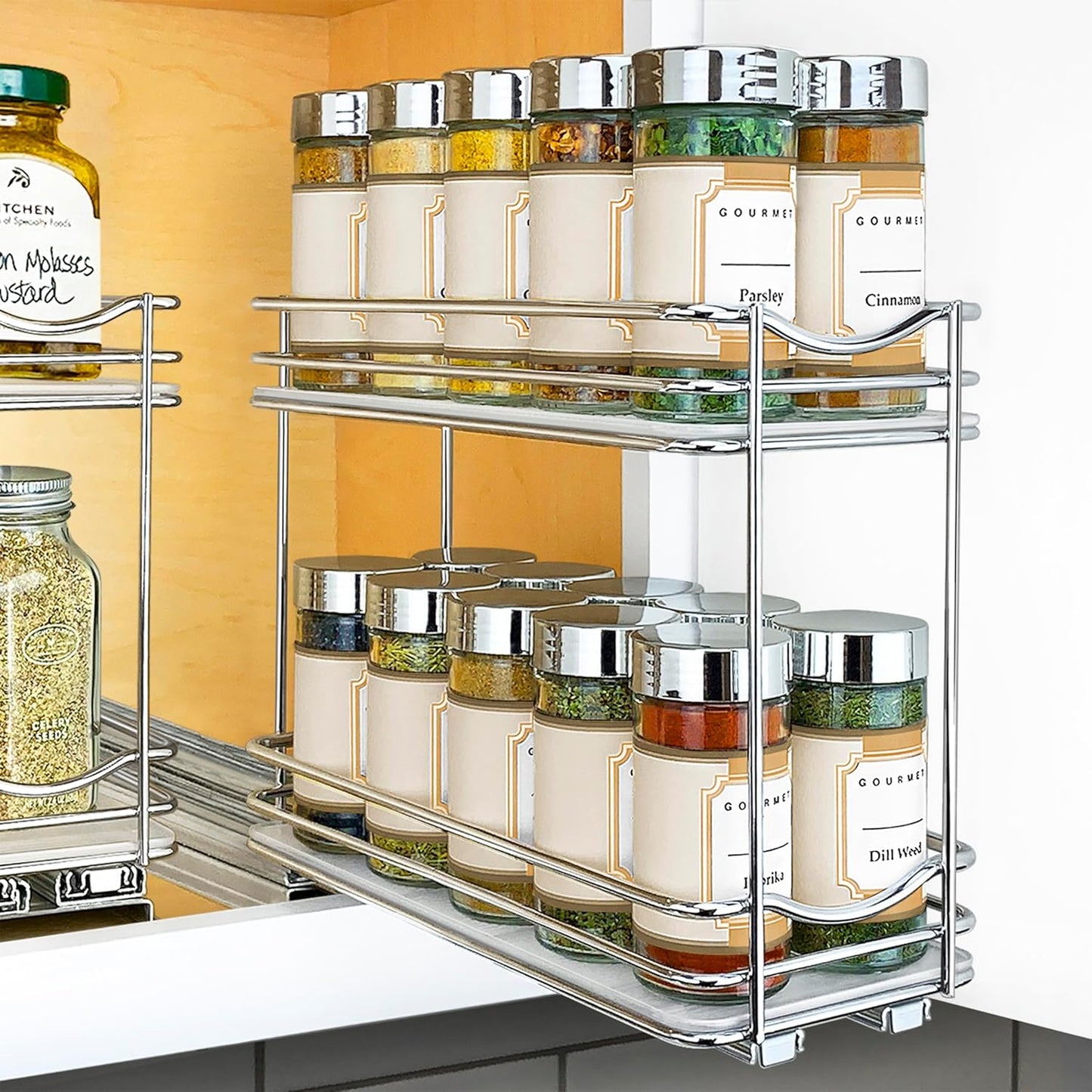 LYNK PROFESSIONAL® Pull Out Spice Rack Organizer for Inside Kitchen Cabinets - 4-1/4 inch Wide - Slide Out Drawer – Chrome Sliding Spice Cabinet Organization Shelf Racks - 2 Tier