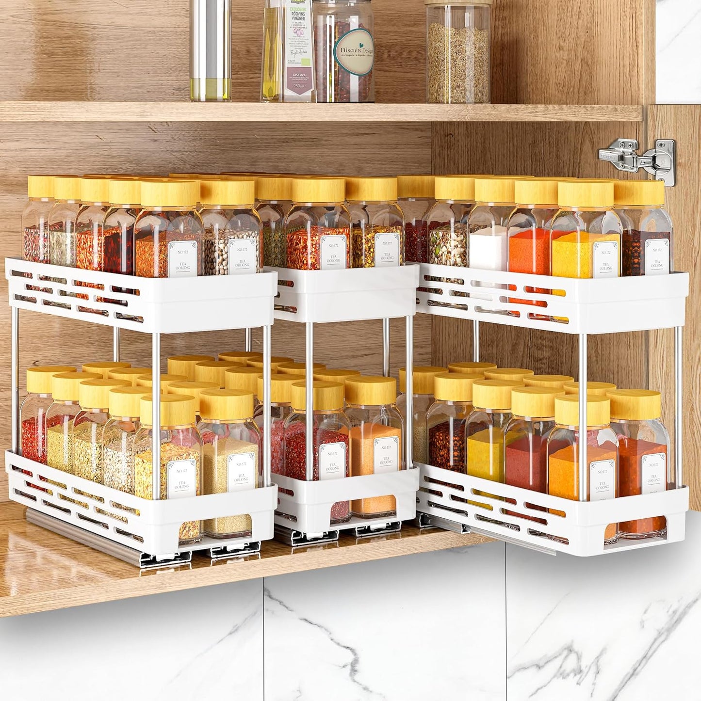 2 Pack Pull Out Spice Rack Organizer for Cabinet, Slide Out Spice Racks Organizer, Spice Cabinet Organizers, Cabinet Size Need:12'' Highx11'' Deepx5'' Wide,Hold 10 Spice Jar Each Tier-2Tier, Black