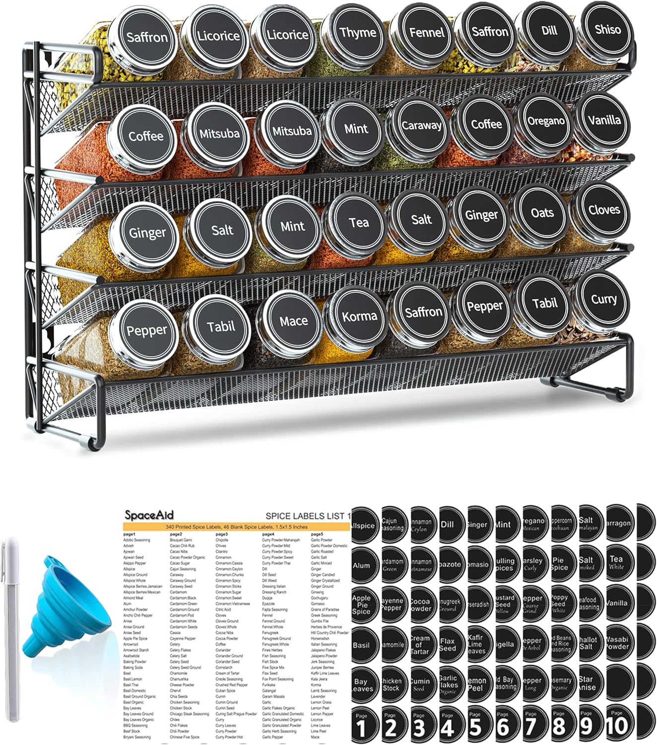 SpaceAid Spice Rack Organizer with 28 Spice Jars, 386 Spice Labels, Chalk Marker and Funnel Set for Cabinet, Countertop, Pantry, Cupboard or Door & Wall Mount - 28 Jars, 13.4" W × 10.8" H, Black
