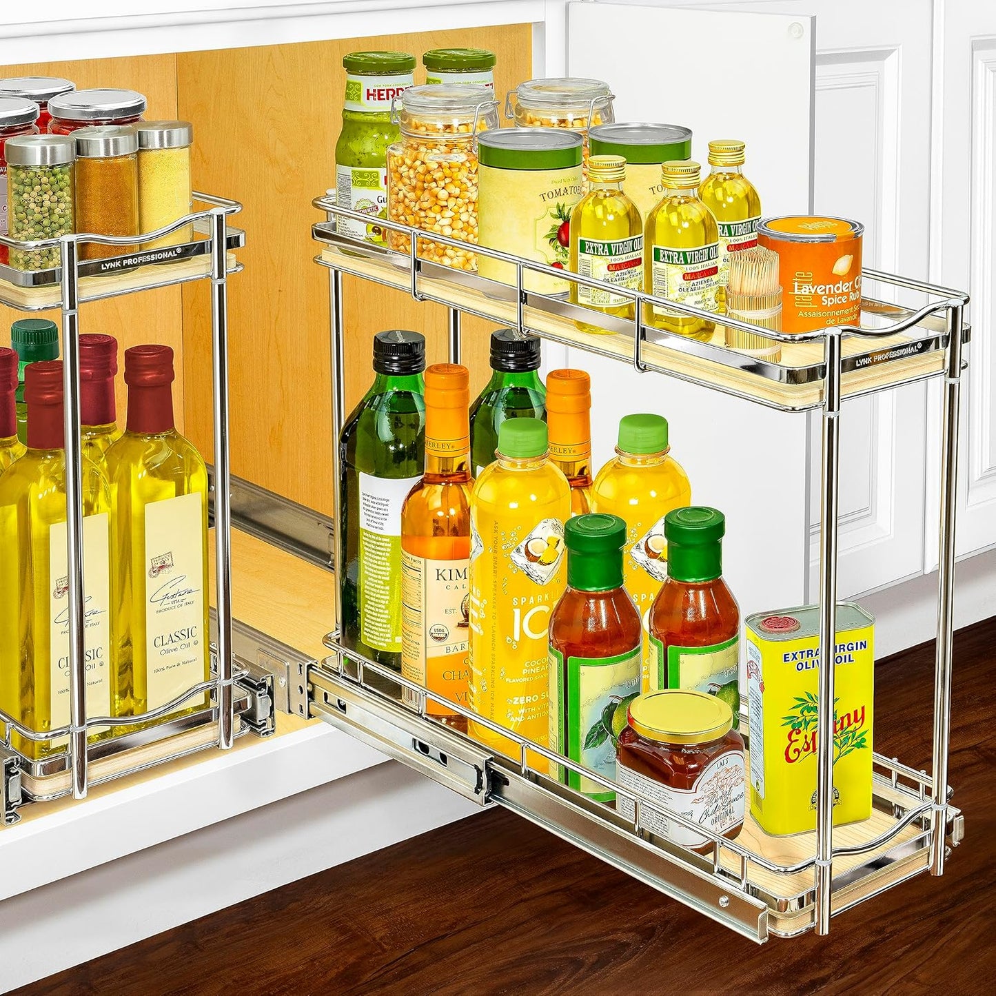 LYNK PROFESSIONAL® Pull Out Spice Rack Organizer for Inside Kitchen Cabinets - 4-1/4 inch Wide - Slide Out Drawer – Chrome Sliding Spice Cabinet Organization Shelf Racks - 2 Tier